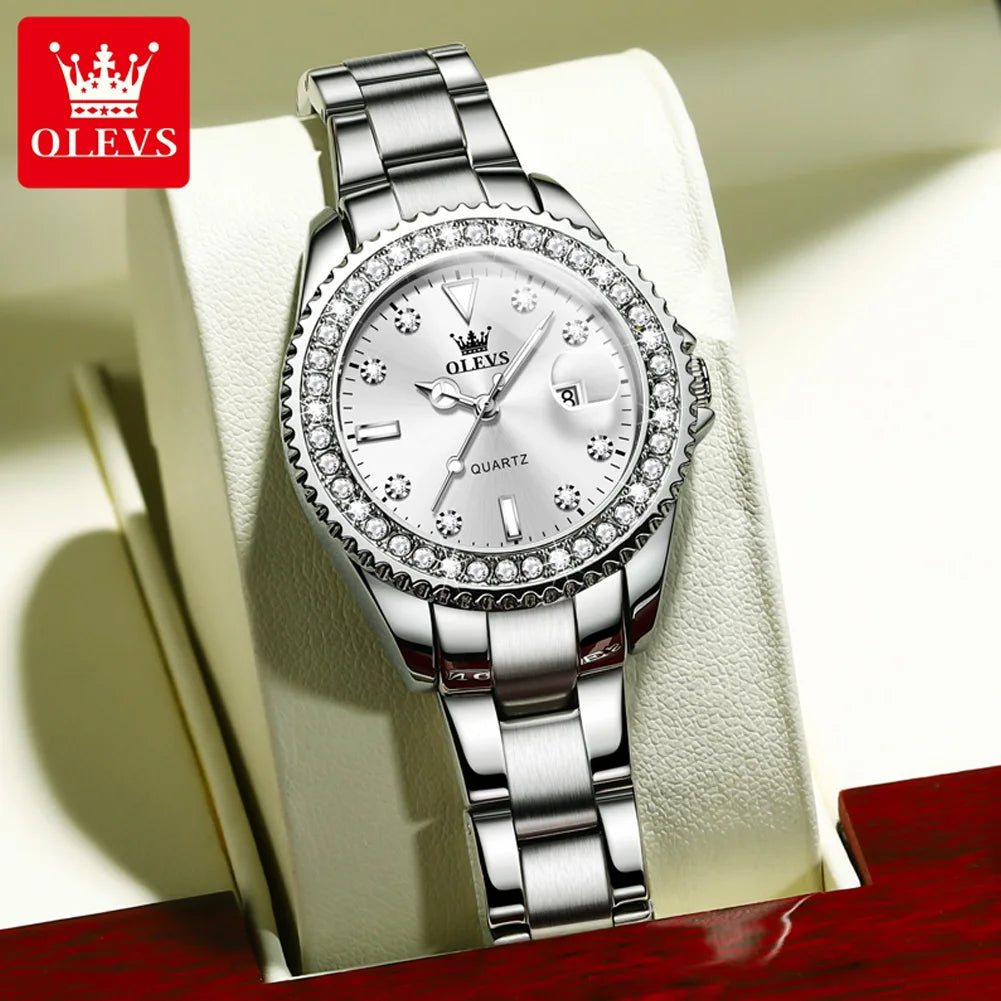 Diamond Dial Quartz Watch for Women Waterproof Olevs - Luminous Stainless Steel