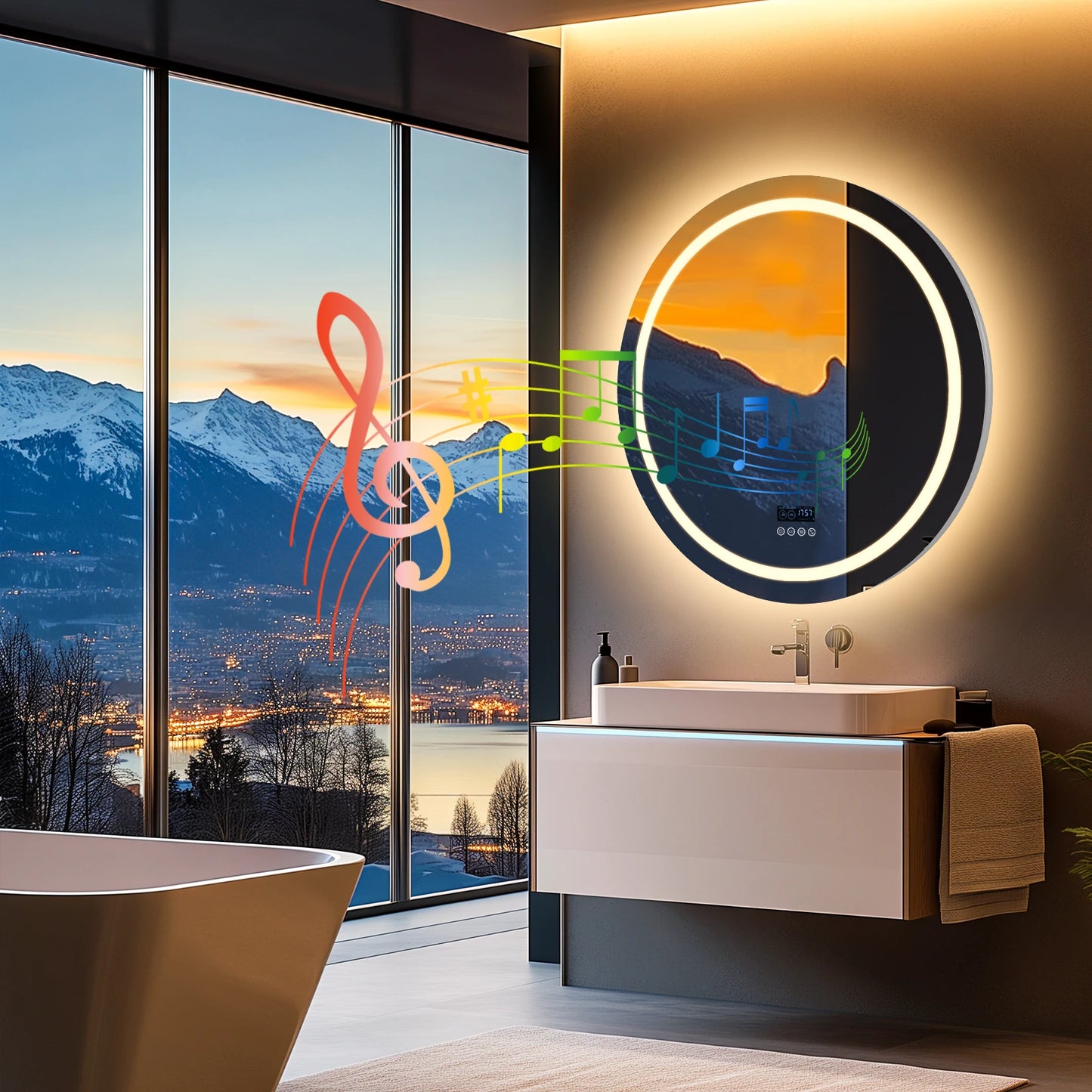 Round Bathroom Mirror with Dual Bluetooth Speakers Anti-Fog With Time Weather Display
