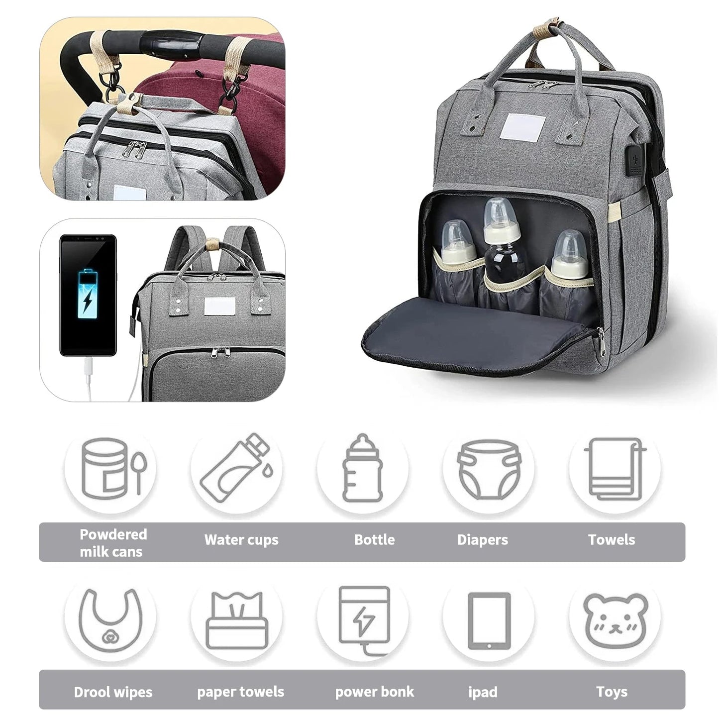 Baby Changing Nappy Bag With Crib - Diaper Nappy Stroller Bags for Baby - Maternity Bag Backpacks Crib Newborn