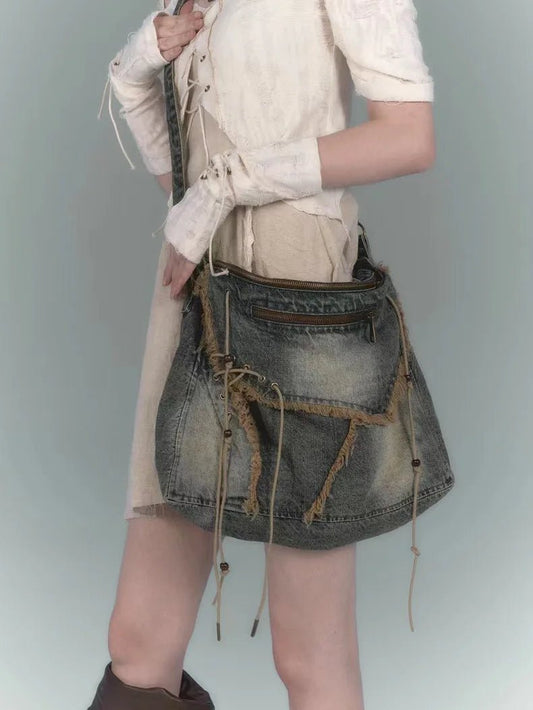 Denim Casual Tote Bag - Shoulder Student Bag Large - Regal Allure