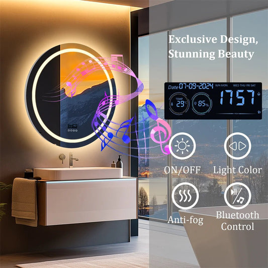 Round Bathroom Mirror with Dual Bluetooth Speakers Anti-Fog With Time Weather Display