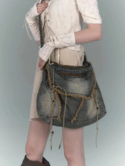 Denim Casual Tote Bag - Shoulder Student Bag Large - Regal Allure