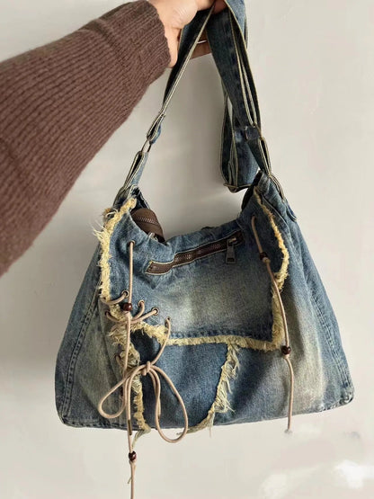 Denim Casual Tote Bag - Shoulder Student Bag Large - Regal Allure