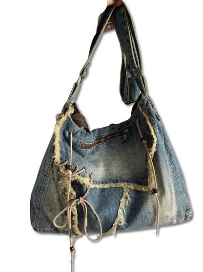 Denim Casual Tote Bag - Shoulder Student Bag Large - Regal Allure