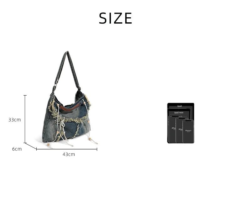 Denim Casual Tote Bag - Shoulder Student Bag Large - Regal Allure